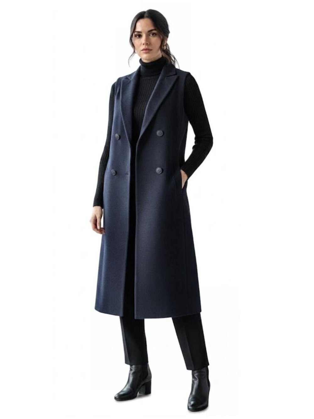 Rag & Bone New York Salute Double-Breasted Long Wool Vest, Navy, Womens Size 6